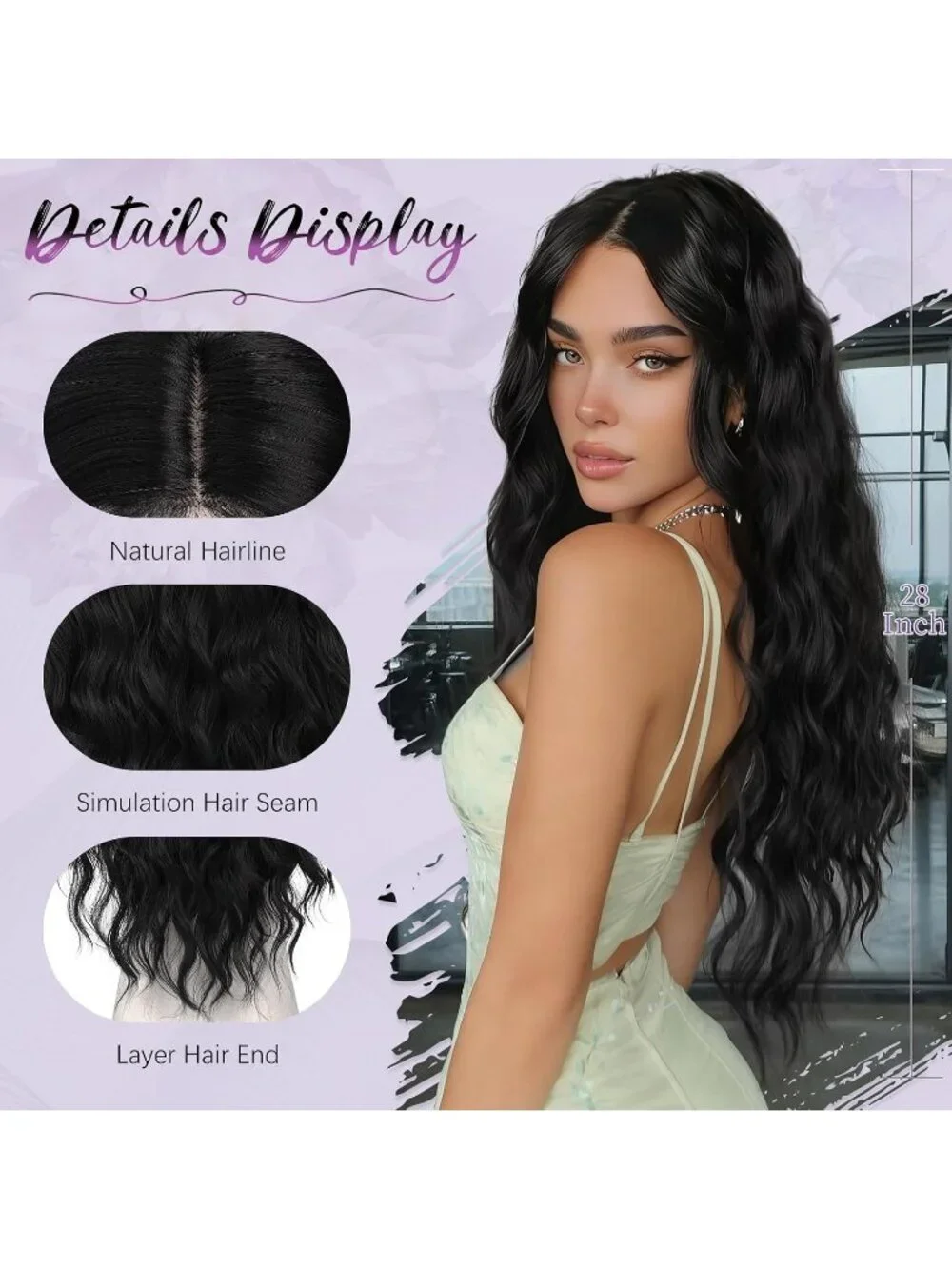 Women's Natural Black 28 Inch Lace Front Soft Synthetic Long Wavy Curly Wigs